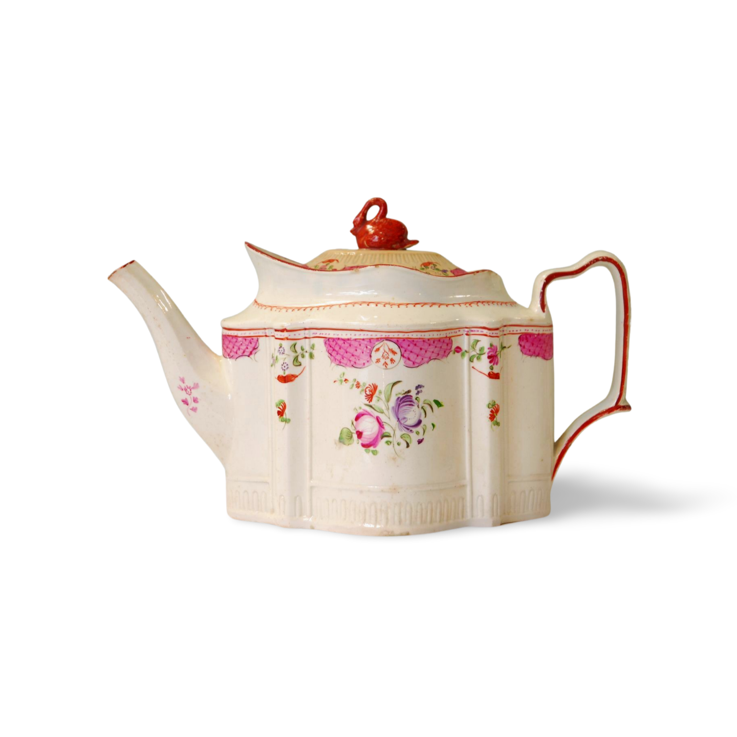 Teapot; silver or commode shape; hatched panels, flowers & swan finial