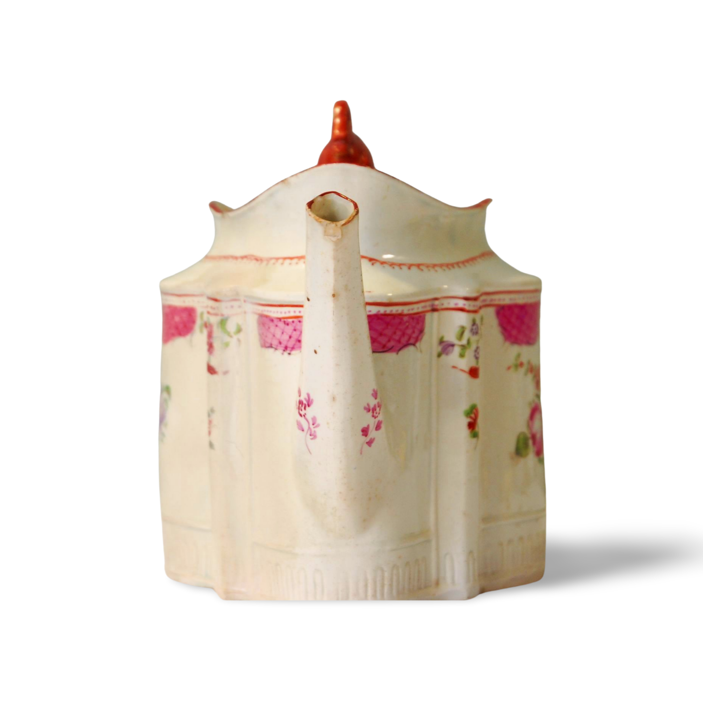 Teapot; silver or commode shape; hatched panels, flowers & swan finial