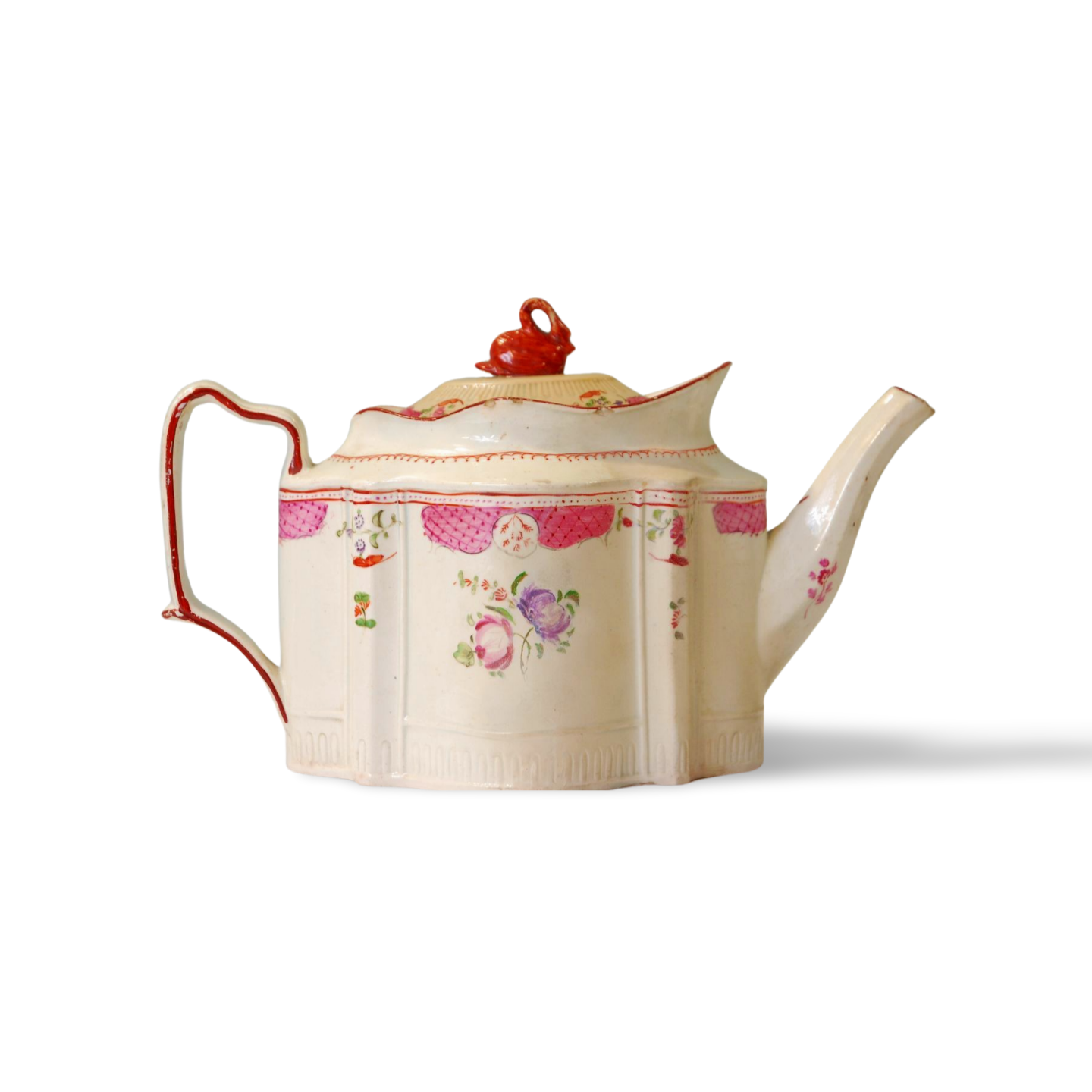 Teapot; silver or commode shape; hatched panels, flowers & swan finial