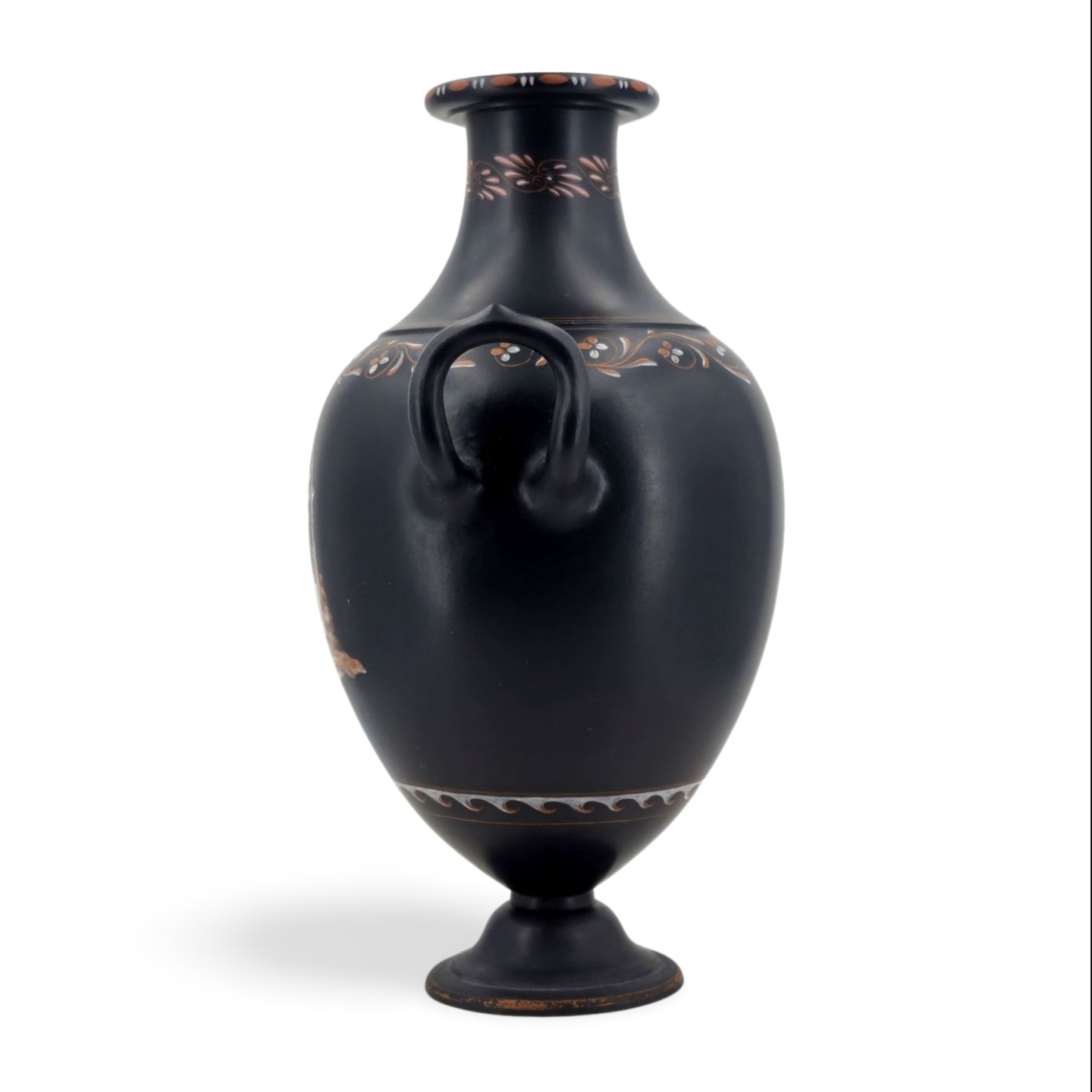 Grisaille painted basalt vase with handles. Bottle shape. Satyr.