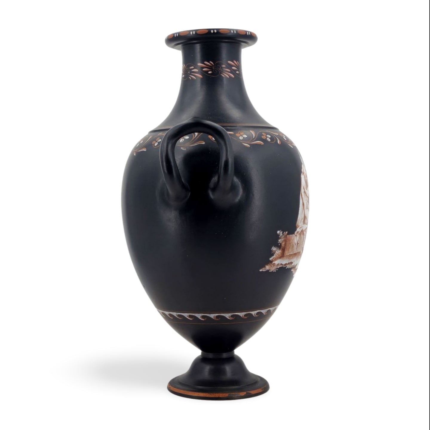 Grisaille painted basalt vase with handles. Bottle shape. Satyr.
