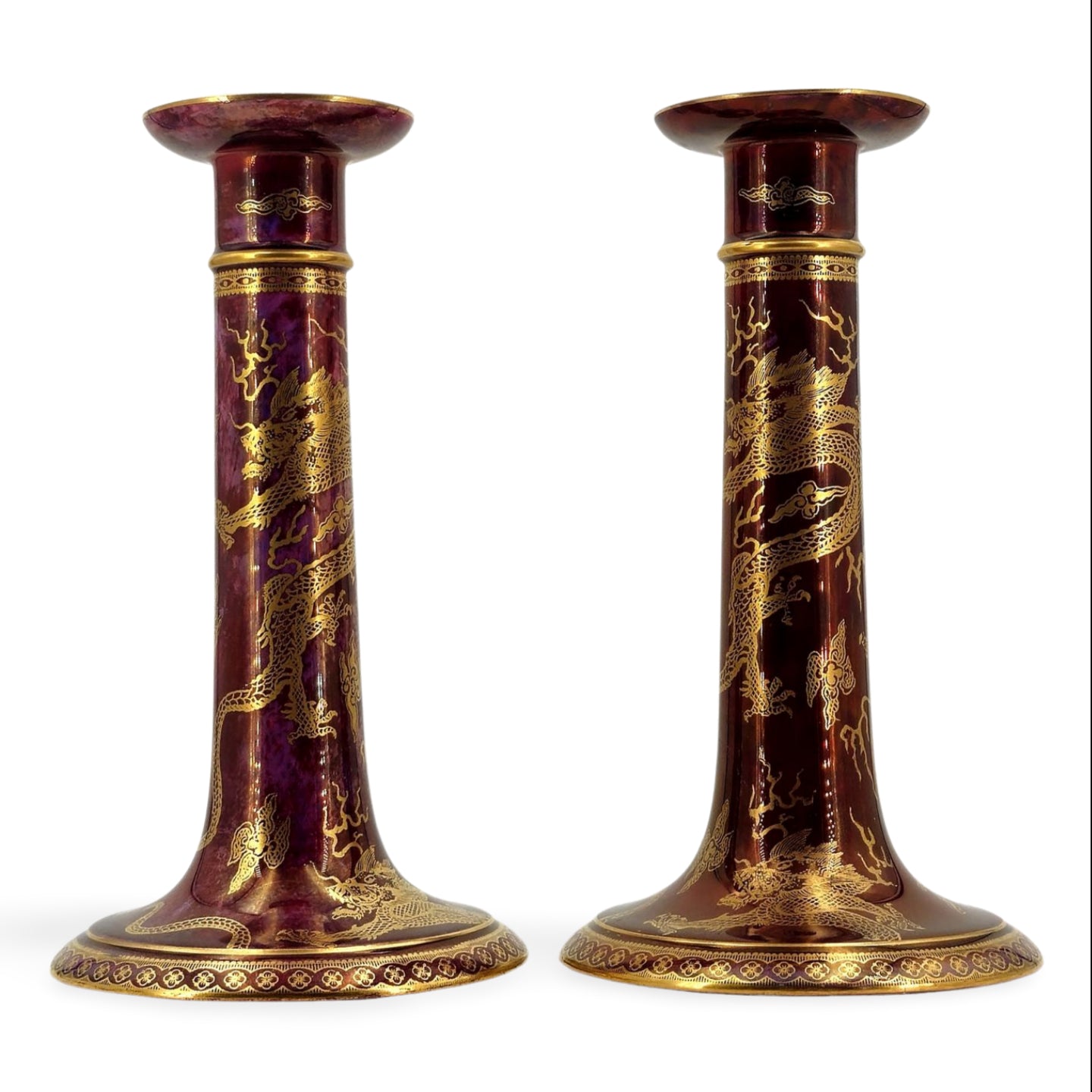 Pair ruby dragon lustre candlesticks