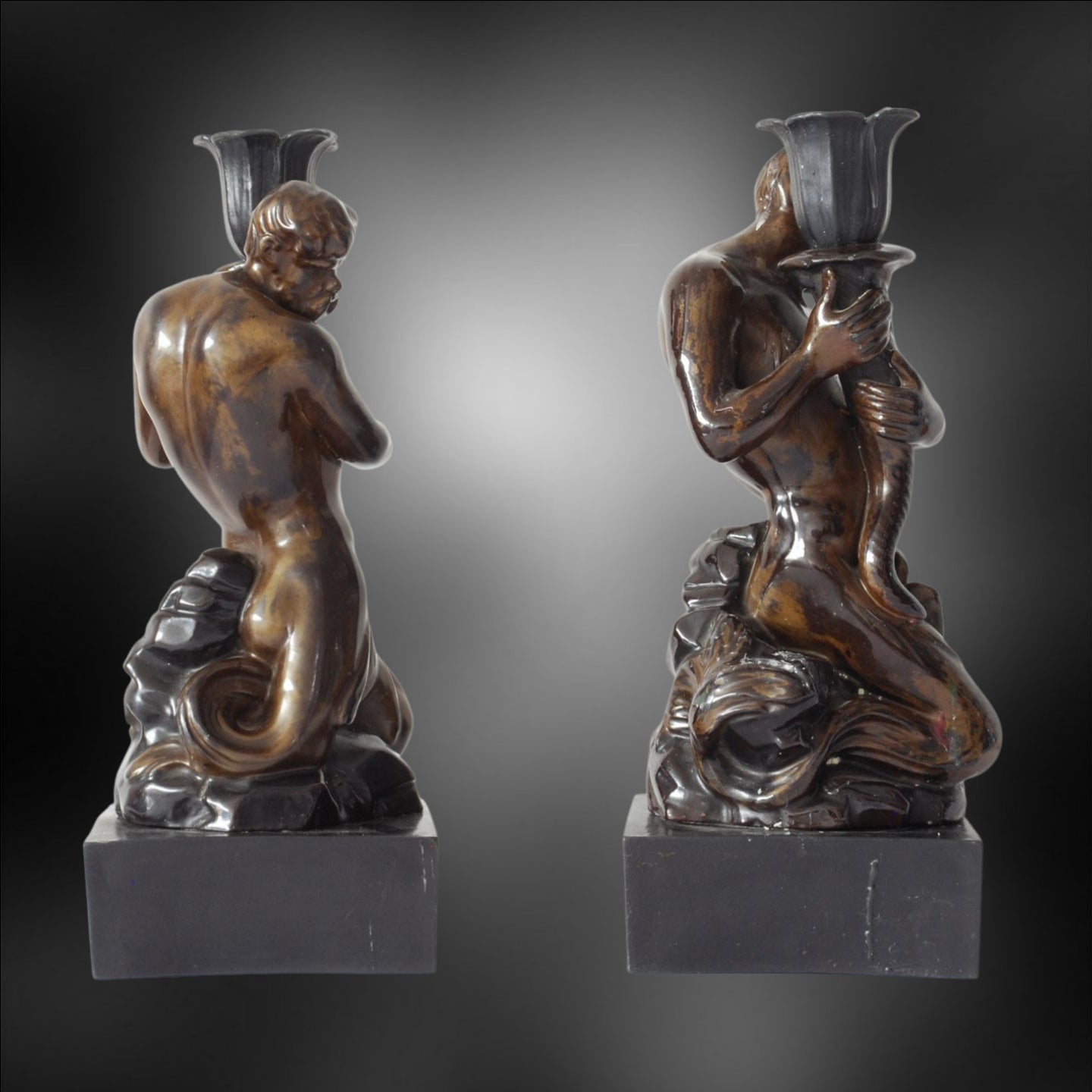 Pair Triton Candlesticks, bronzed