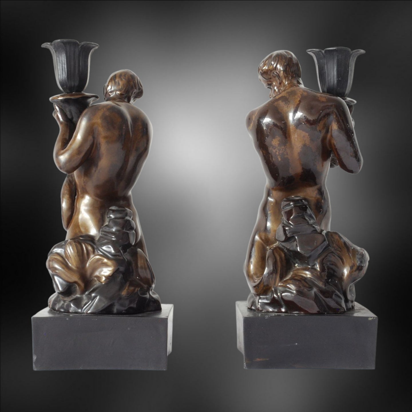 Pair Triton Candlesticks, bronzed