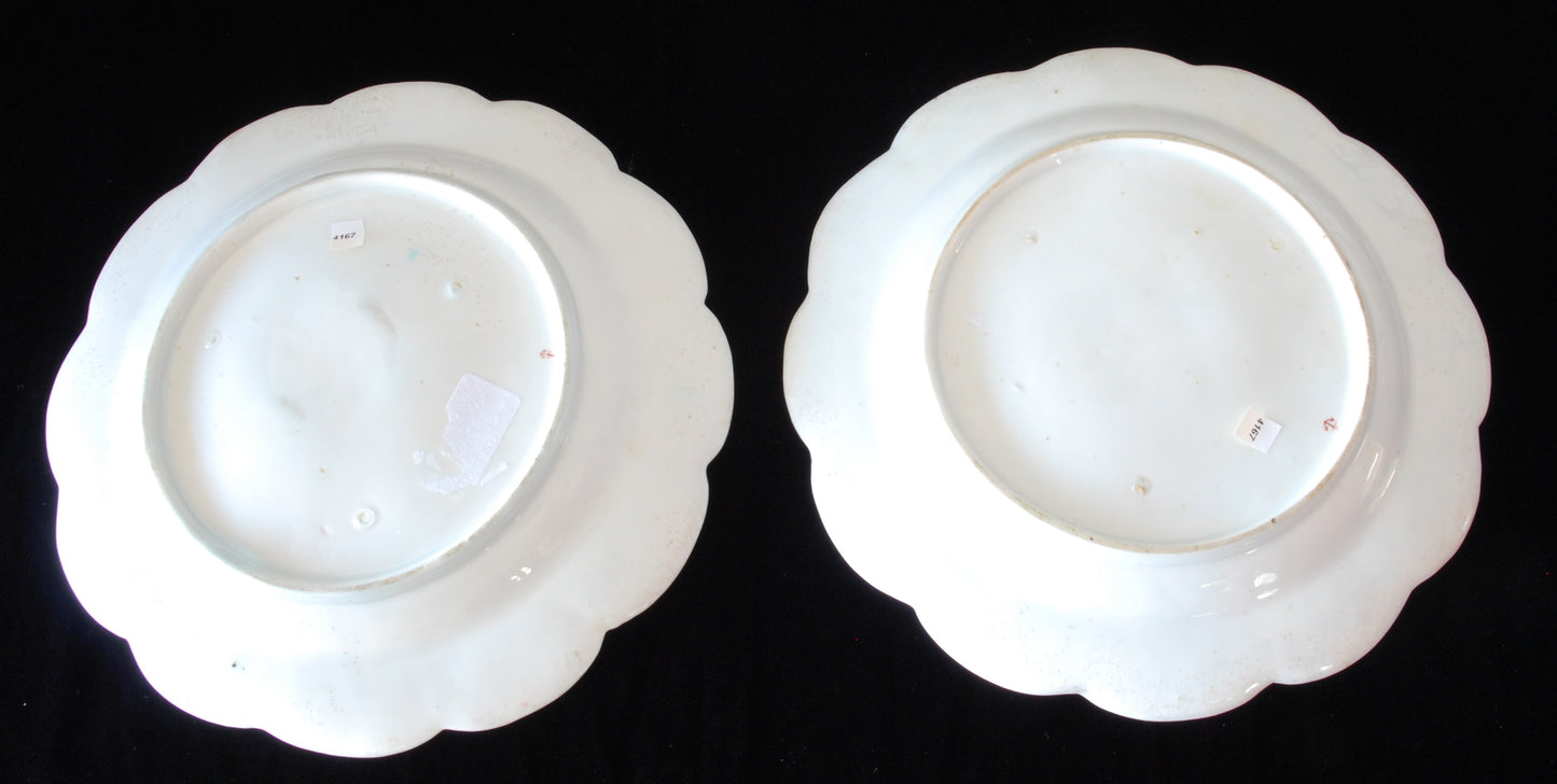 Pair plates, scalloped and flowers. Birds around the edge.