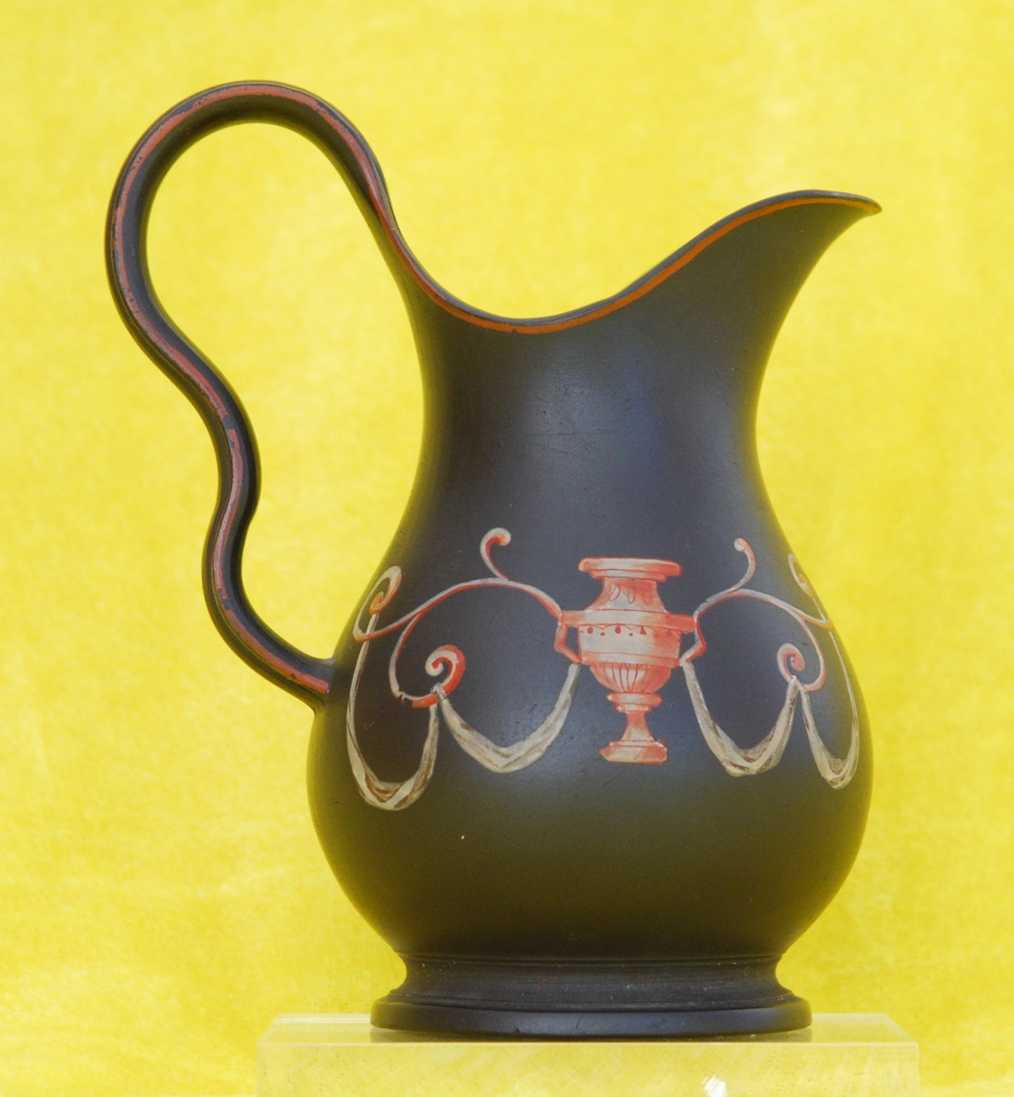 Jug, encaustic painted vase & wreaths, ear shape handle