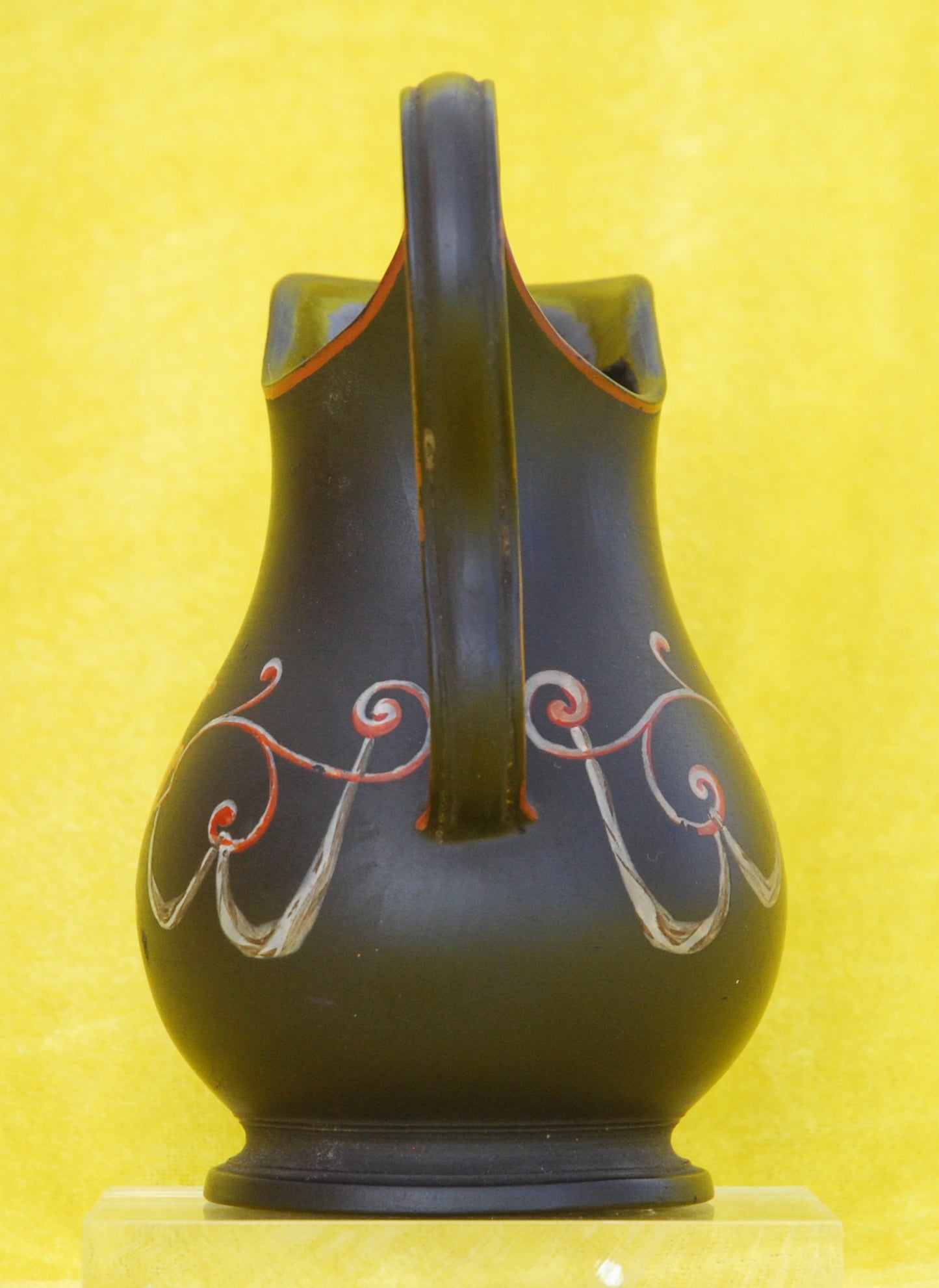 Jug, encaustic painted vase & wreaths, ear shape handle