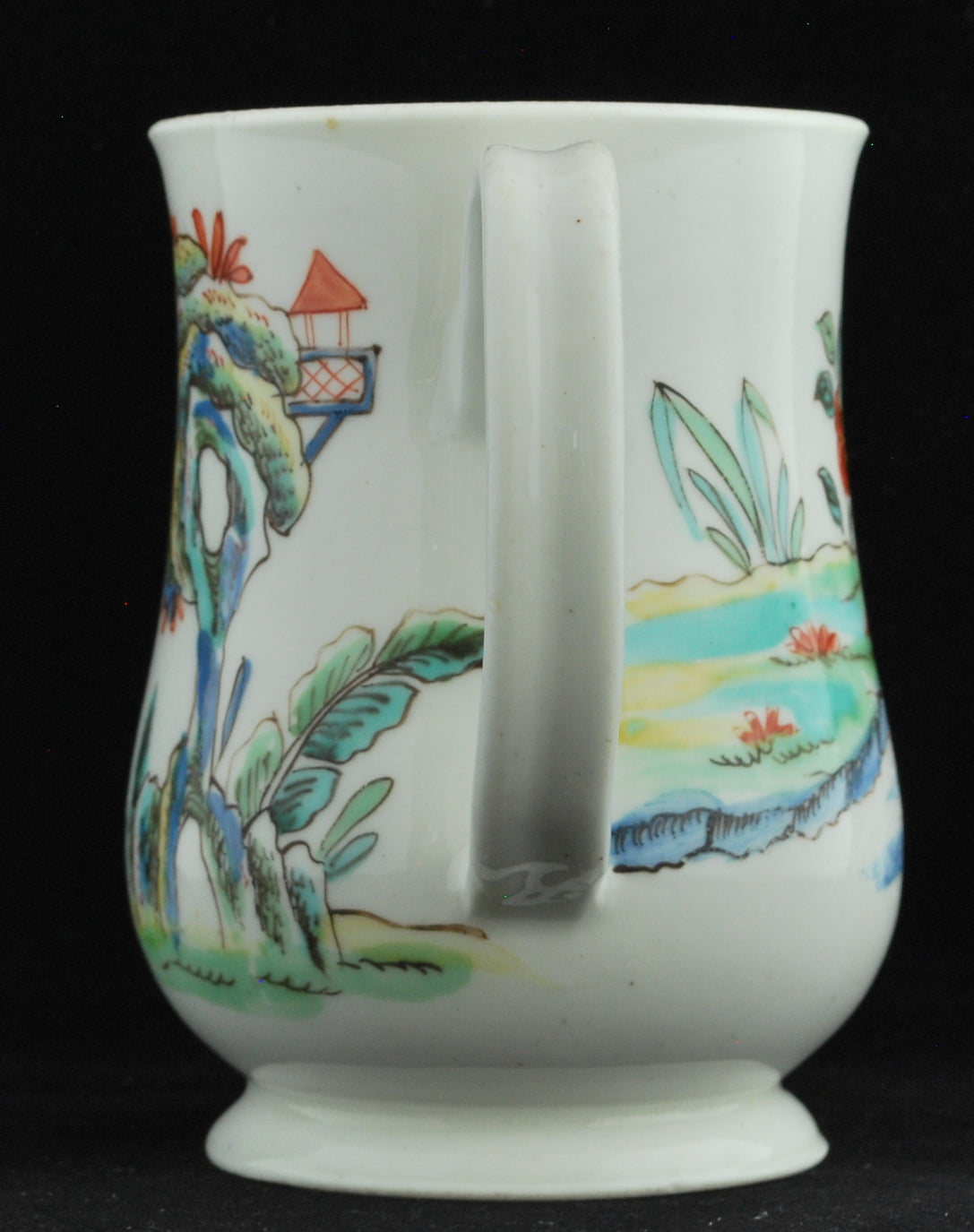 Baluster mug, famille rose-verte, incised R mark group. Tree house.