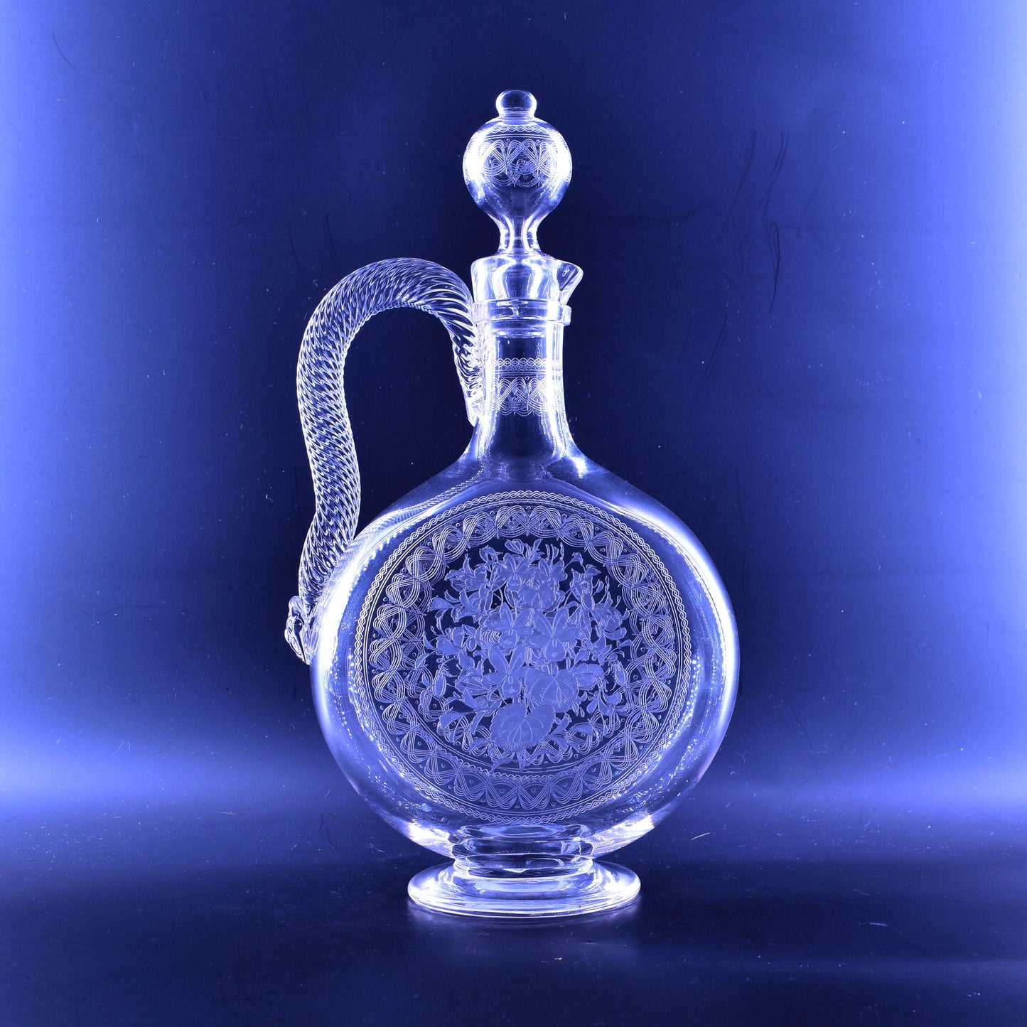 Claret Jug, Moon Flask shape, etched Flowers