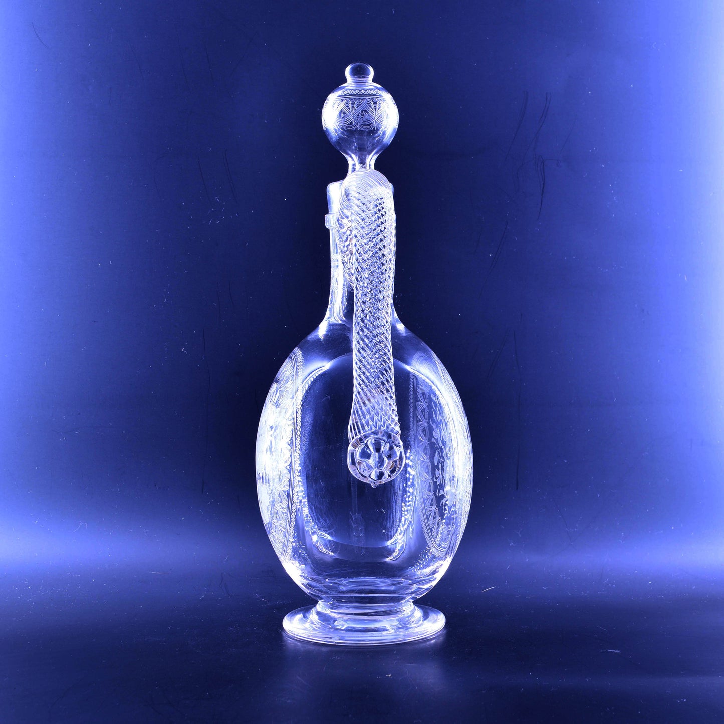 Claret Jug, Moon Flask shape, etched Flowers