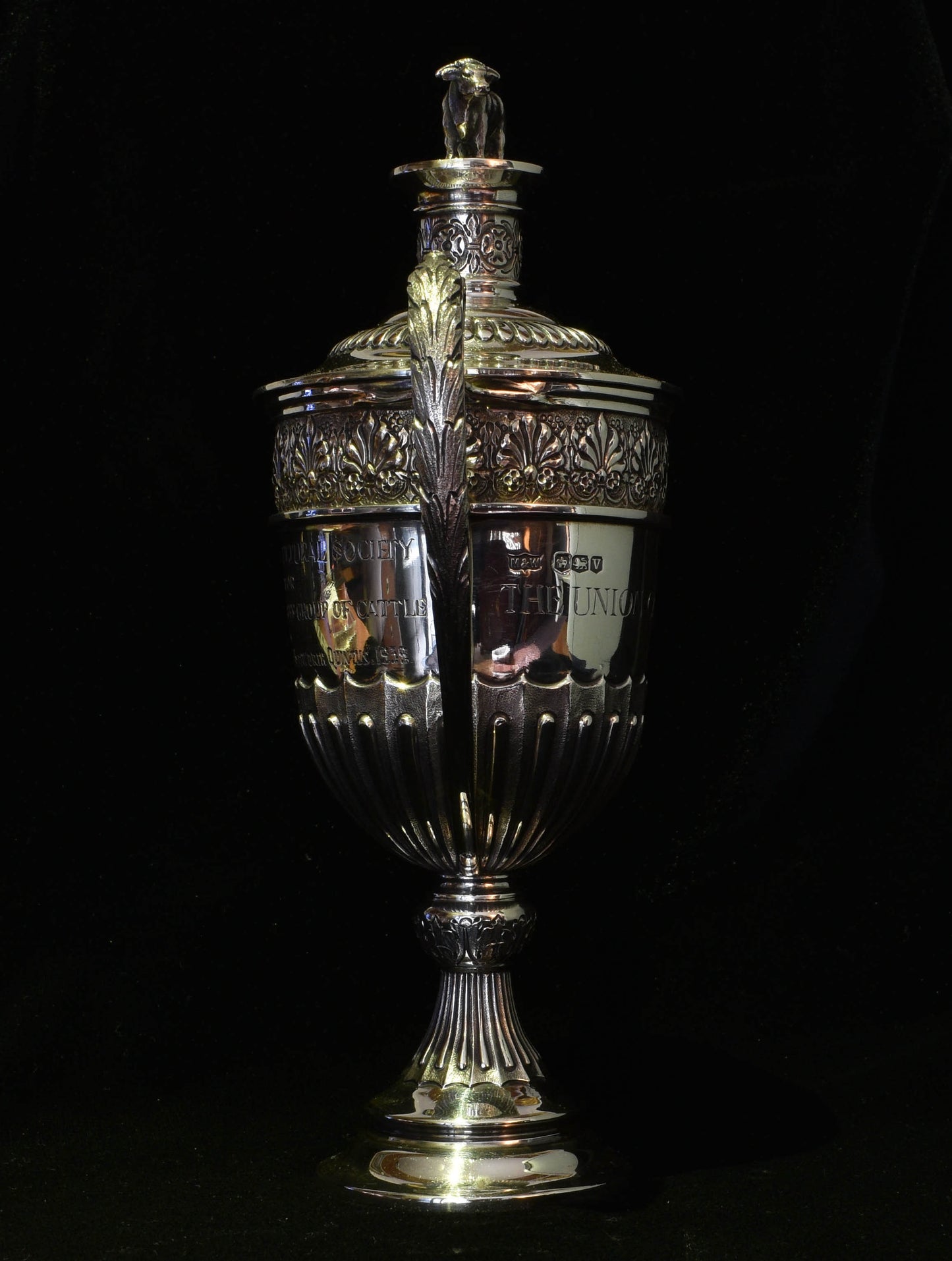 Loving cup trophy surmounted by a bull