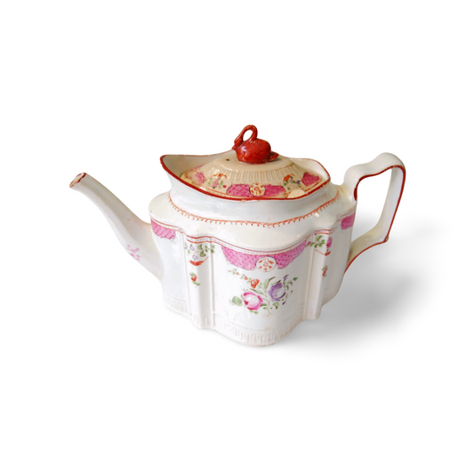 Teapot; silver or commode shape; hatched panels, flowers & swan finial