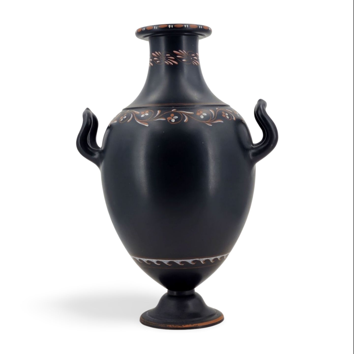 Grisaille painted basalt vase with handles. Bottle shape. Satyr.
