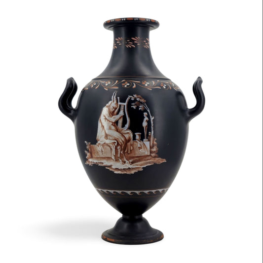 Grisaille painted basalt vase with handles. Bottle shape. Satyr.