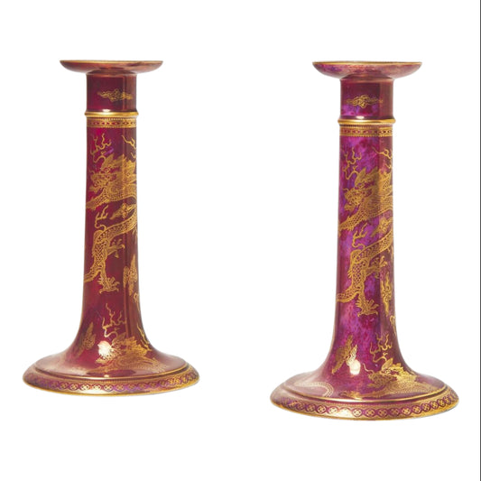 Pair ruby dragon lustre candlesticks