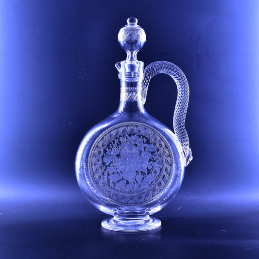 Claret Jug, Moon Flask shape, etched Flowers