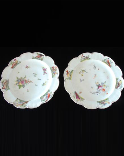 Pair plates, scalloped and flowers. Birds around the edge.